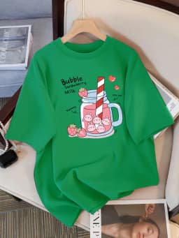 Delicious Strawberry Beverage Print Women T Shirt Summer Breathable Tee Cotton Street Clothing Casual Sport Cool Short Sleeve