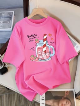 Delicious Strawberry Beverage Print Women T Shirt Summer Breathable Tee Cotton Street Clothing Casual Sport Cool Short Sleeve