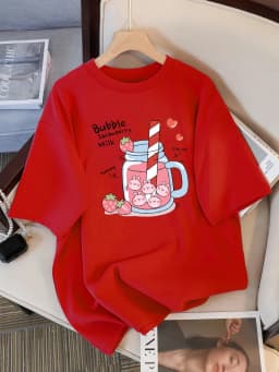 Delicious Strawberry Beverage Print Women T Shirt Summer Breathable Tee Cotton Street Clothing Casual Sport Cool Short Sleeve