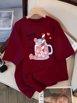 Delicious Strawberry Beverage Print Women T Shirt Summer Breathable Tee Cotton Street Clothing Casual Sport Cool Short Sleeve