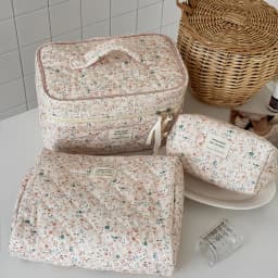 3Pcs Cotton Quilted Makeup Bag Set Women Zipper Cosmetic Organizer Female Cloth Handbag Portable Toiletry Case for Girls