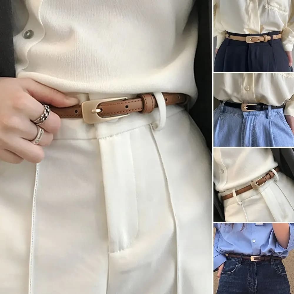 Women Casual Vintage Metal Buckle Waistband Thin Waist Strap Trouser Dress Belts Leather Belt