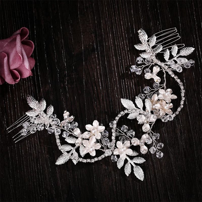 Wedding jewelry flower hair jewelry Rhinestone handmade pearl crystal leaf Hair Band Bridal headdress luxury female gift jewelry