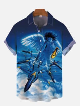 Summer Men's Short Sleeve Green Airplane Print Shirt New Cardigan Retro Single Breasted Shirt Clothing Men's Fighter Print