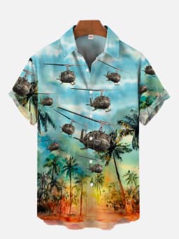 Summer Men's Short Sleeve Green Airplane Print Shirt New Cardigan Retro Single Breasted Shirt Clothing Men's Fighter Print