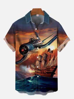 Summer Men's Short Sleeve Green Airplane Print Shirt New Cardigan Retro Single Breasted Shirt Clothing Men's Fighter Print