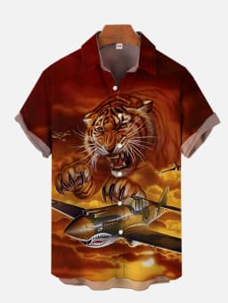 Summer Men's Short Sleeve Green Airplane Print Shirt New Cardigan Retro Single Breasted Shirt Clothing Men's Fighter Print