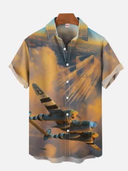 Summer Men's Short Sleeve Green Airplane Print Shirt New Cardigan Retro Single Breasted Shirt Clothing Men's Fighter Print