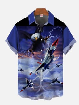 Summer Men's Short Sleeve Green Airplane Print Shirt New Cardigan Retro Single Breasted Shirt Clothing Men's Fighter Print
