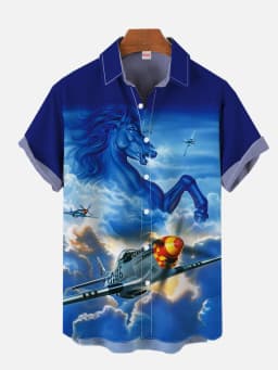 Summer Men's Short Sleeve Green Airplane Print Shirt New Cardigan Retro Single Breasted Shirt Clothing Men's Fighter Print