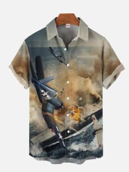 Summer Men's Short Sleeve Green Airplane Print Shirt New Cardigan Retro Single Breasted Shirt Clothing Men's Fighter Print