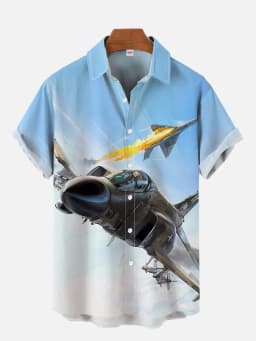 Summer Men's Short Sleeve Green Airplane Print Shirt New Cardigan Retro Single Breasted Shirt Clothing Men's Fighter Print