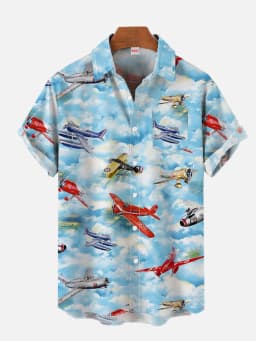 Summer Men's Short Sleeve Green Airplane Print Shirt New Cardigan Retro Single Breasted Shirt Clothing Men's Fighter Print