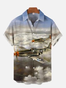 Summer Men's Short Sleeve Green Airplane Print Shirt New Cardigan Retro Single Breasted Shirt Clothing Men's Fighter Print
