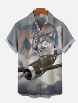 Summer Men's Short Sleeve Green Airplane Print Shirt New Cardigan Retro Single Breasted Shirt Clothing Men's Fighter Print