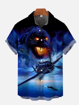 Summer Men's Short Sleeve Green Airplane Print Shirt New Cardigan Retro Single Breasted Shirt Clothing Men's Fighter Print