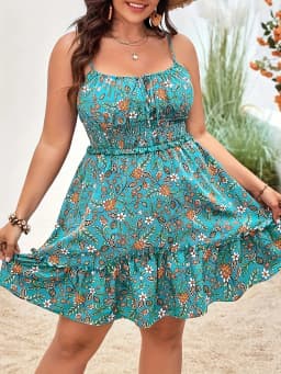 Plus Size Summer Women Elegant Floral Print Dress Vacation Vintage Casual Sleeveless Ruffle Sling Dresses