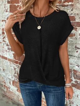 2024 New cross-border solid color round-collar T-shirt elegant short-sleeved twisted top spring and summer women's wear
