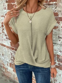 2024 New cross-border solid color round-collar T-shirt elegant short-sleeved twisted top spring and summer women's wear