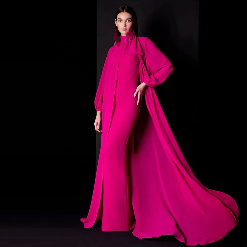 Customized Luxury Wedding Party Dresses Fuchsia Women‘s Formal Evening Gowns Mermaid O Neck Trumpet Elegant Prom Dress with Cape