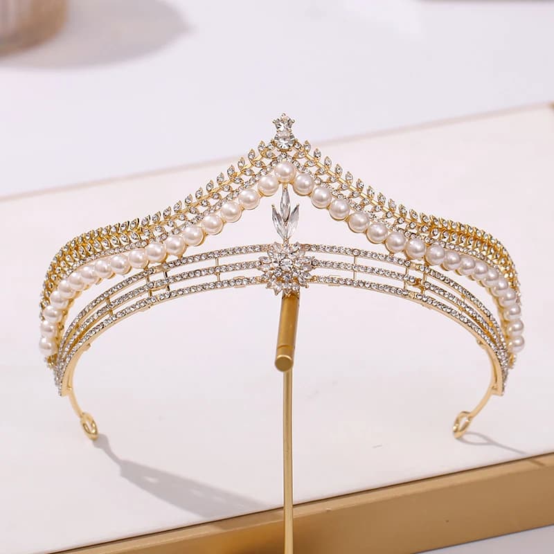 Baroque Luxury Golden Plated Crystal Pearls Bridal Tiaras Crown Rhinestone Pageant Diadem CZ Headbands Wedding Hair Accessories