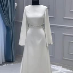 Customized Elegant Muslim Wedding Dress Bride Beaded Pearls Ivory Bridal Gowns High Neck Robe Simple High Quality Prom Dresses