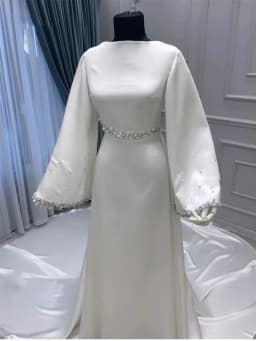 Customized Elegant Muslim Wedding Dress Bride Beaded Pearls Ivory Bridal Gowns High Neck Robe Simple High Quality Prom Dresses