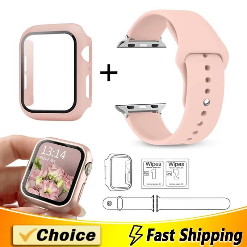 Glass+Case+Strap for Apple Watch Band 42mm 44mm 41mm 40mm 38mm 45mm 49mm Screen Protectors for Apple IWatch Series 8 7 6 SE 5 4