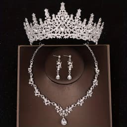 Bridal Headwear Luxury Silver-Color Crystal Water Drop Rhinestone Tiara Necklace Earrings Wedding 4 Pcs Jewelry Set