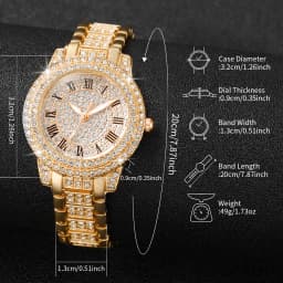 2PCS Fashion Full Diamond Women's Watch Gold Steel Band Analog Quartz Watches Bracelet Set