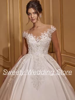 Ball Gown Satin Wedding Dress Cap Sleeve Sheer Scoop Neck Beading Applique Court Train Modern Satin Wedding Gowns Bridal Dress