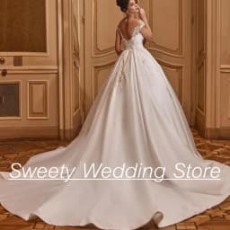 Ball Gown Satin Wedding Dress Cap Sleeve Sheer Scoop Neck Beading Applique Court Train Modern Satin Wedding Gowns Bridal Dress