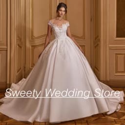 Ball Gown Satin Wedding Dress Cap Sleeve Sheer Scoop Neck Beading Applique Court Train Modern Satin Wedding Gowns Bridal Dress