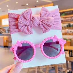 2 Pcs/Set New Children Fashion Round Bowknot Colors Sunglasses UV400 Cute Soft Bowknot Wide Hairbands Set Kids Hair Accessories