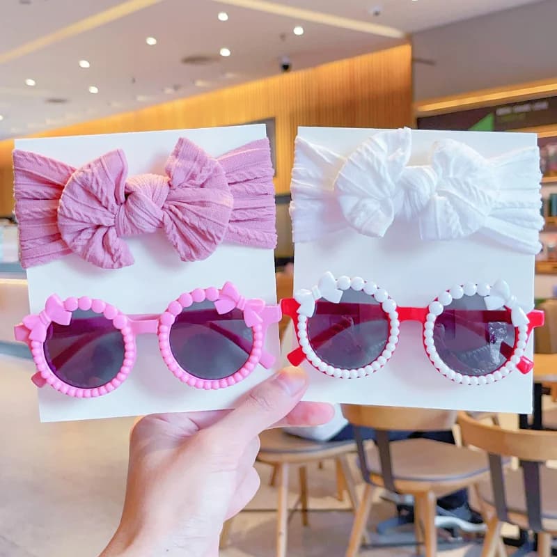 2 Pcs/Set New Children Fashion Round Bowknot Colors Sunglasses UV400 Cute Soft Bowknot Wide Hairbands Set Kids Hair Accessories