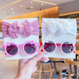 2 Pcs/Set New Children Fashion Round Bowknot Colors Sunglasses UV400 Cute Soft Bowknot Wide Hairbands Set Kids Hair Accessories