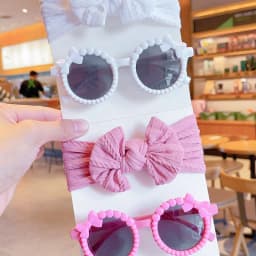 2 Pcs/Set New Children Fashion Round Bowknot Colors Sunglasses UV400 Cute Soft Bowknot Wide Hairbands Set Kids Hair Accessories