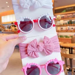 2 Pcs/Set New Children Fashion Round Bowknot Colors Sunglasses UV400 Cute Soft Bowknot Wide Hairbands Set Kids Hair Accessories