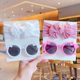 2 Pcs/Set New Children Fashion Round Bowknot Colors Sunglasses UV400 Cute Soft Bowknot Wide Hairbands Set Kids Hair Accessories