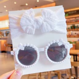 2 Pcs/Set New Children Fashion Round Bowknot Colors Sunglasses UV400 Cute Soft Bowknot Wide Hairbands Set Kids Hair Accessories