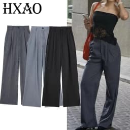 HXAO Women's Formal Pants Office Wear Women Striped Grey Black Pants Woman High Waist Baggy Suit Pants Casual Wide Leg Trousers