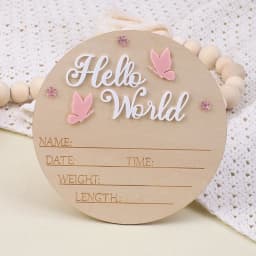 Ylsteed Hello World Newborn Name Sign Wooden Baby Announcement Sign Butterfly Arrival Announcement Sign for Hospital Baby Props