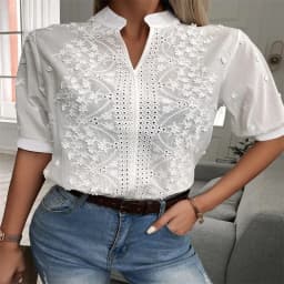 2026 Summer Women's Elegant Short Sleeve White Blouse - Vintage Cotton Crochet Hollow Out Embroidery Tops Fashion
