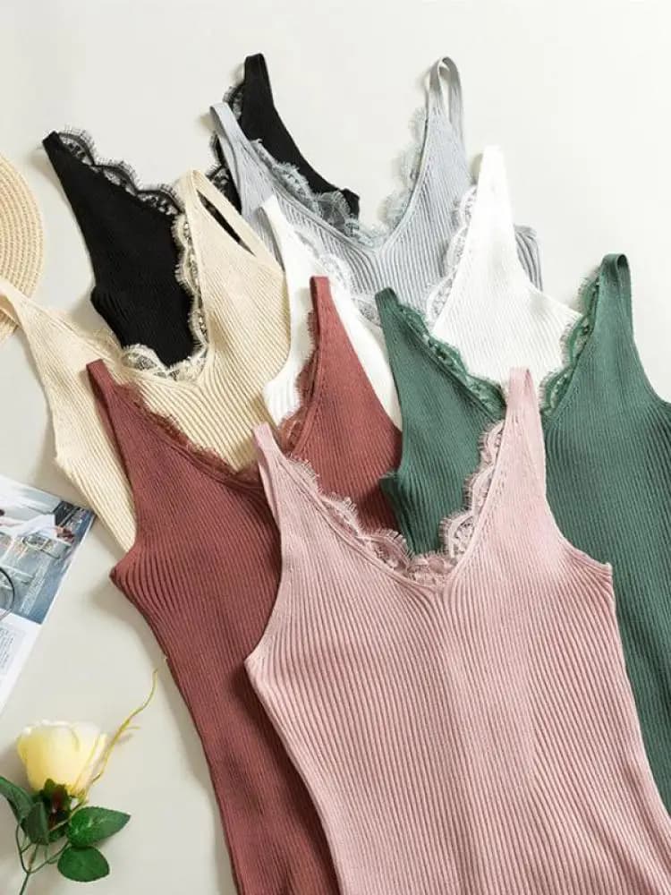 2026 Women Hook Flower Lace Tank solid Stitching V-neck Camis Female Knitted Short Slim Sleeveless Shirt Tank Casual Tops