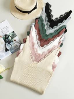 2026 Women Hook Flower Lace Tank solid Stitching V-neck Camis Female Knitted Short Slim Sleeveless Shirt Tank Casual Tops