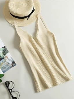 2026 Women Hook Flower Lace Tank solid Stitching V-neck Camis Female Knitted Short Slim Sleeveless Shirt Tank Casual Tops