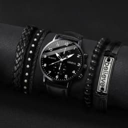 5PCS/Set Men's Business Watches Fashion Arabic Dial Leather Band Quartz Watch Bracelets Set(Without Box)