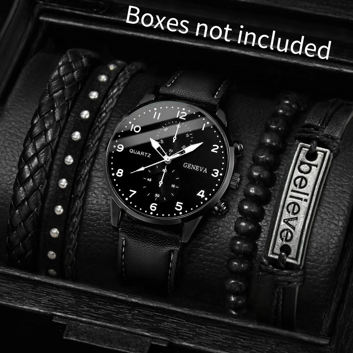 5PCS/Set Men's Business Watches Fashion Arabic Dial Leather Band Quartz Watch Bracelets Set(Without Box)