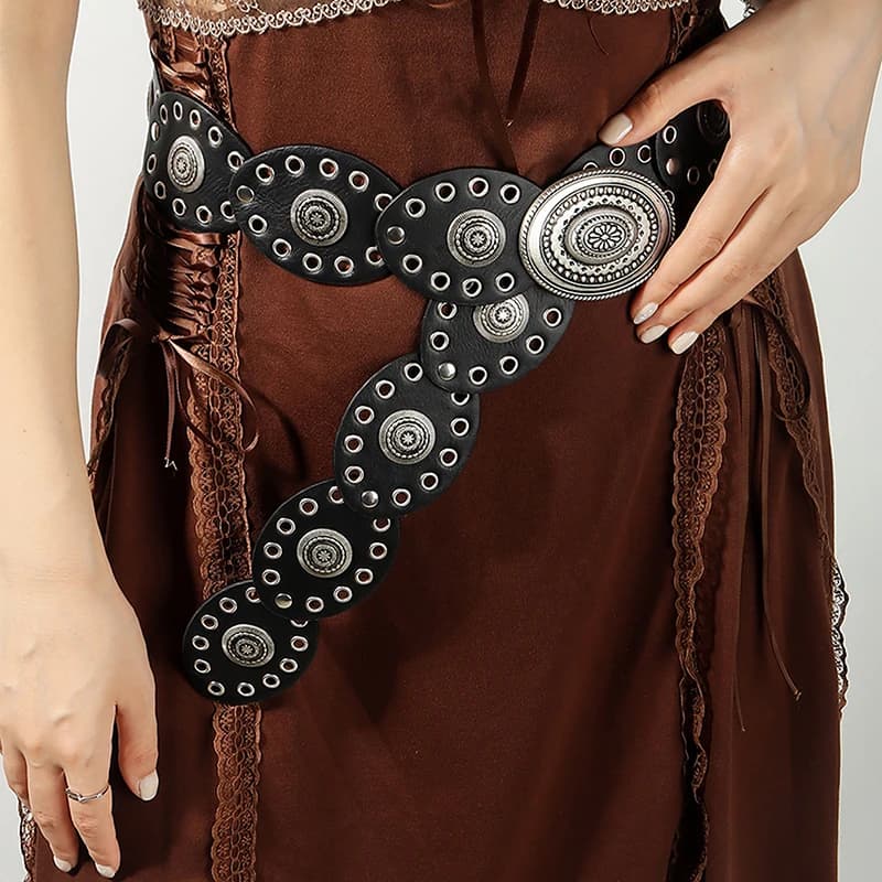 Y2k Wide Boho Disc Belt for Women Vintage Concho Leather Disk Belts Western Waist Belts for Dress Jeans