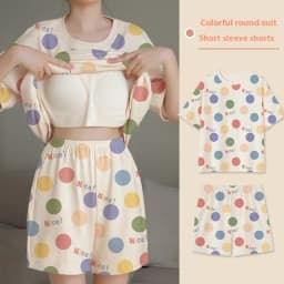Pajamas Female Short-Sleeved Set of Sweet with Chest Cushion Korean Version of the Cartoon Students Casual Home Wear Loose Large